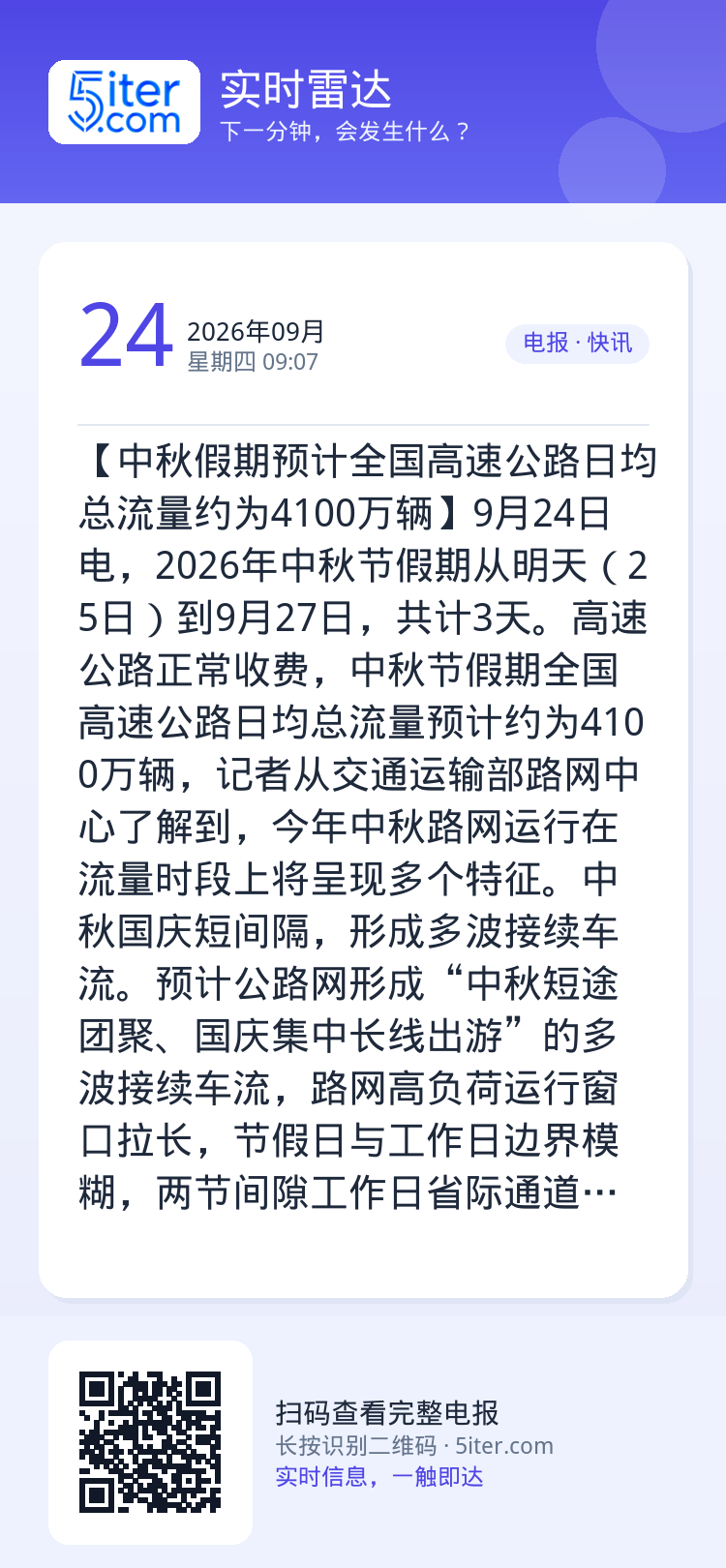 【中秋假期预计全国高速公路日均总流量约为4100万辆】9月24日电，2026年中秋节假期从明天（25日）到9月27日，共
