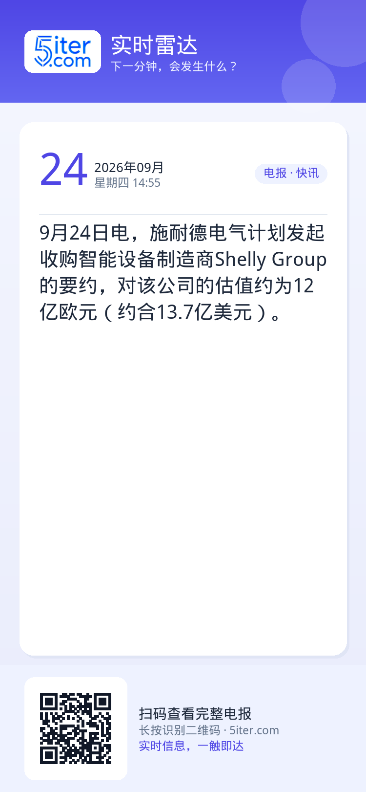 9月24日电，施耐德电气计划发起收购智能设备制造商Shelly Group的要约，对该公司的估值约为12亿欧元（约合13