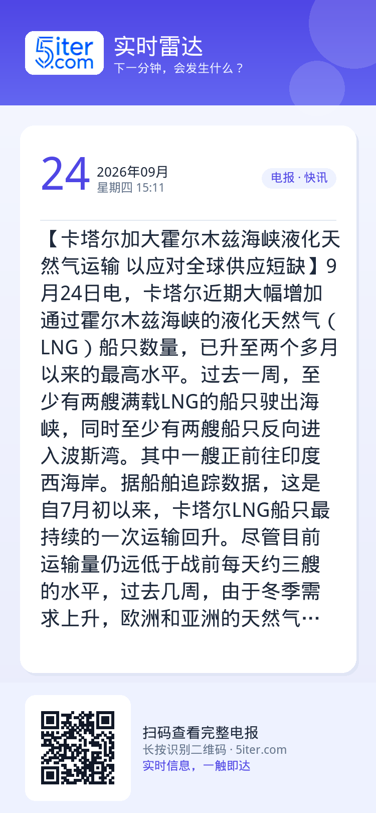 【卡塔尔加大霍尔木兹海峡液化天然气运输 以应对全球供应短缺】9月24日电，卡塔尔近期大幅增加通过霍尔木兹海峡的液化天然气
