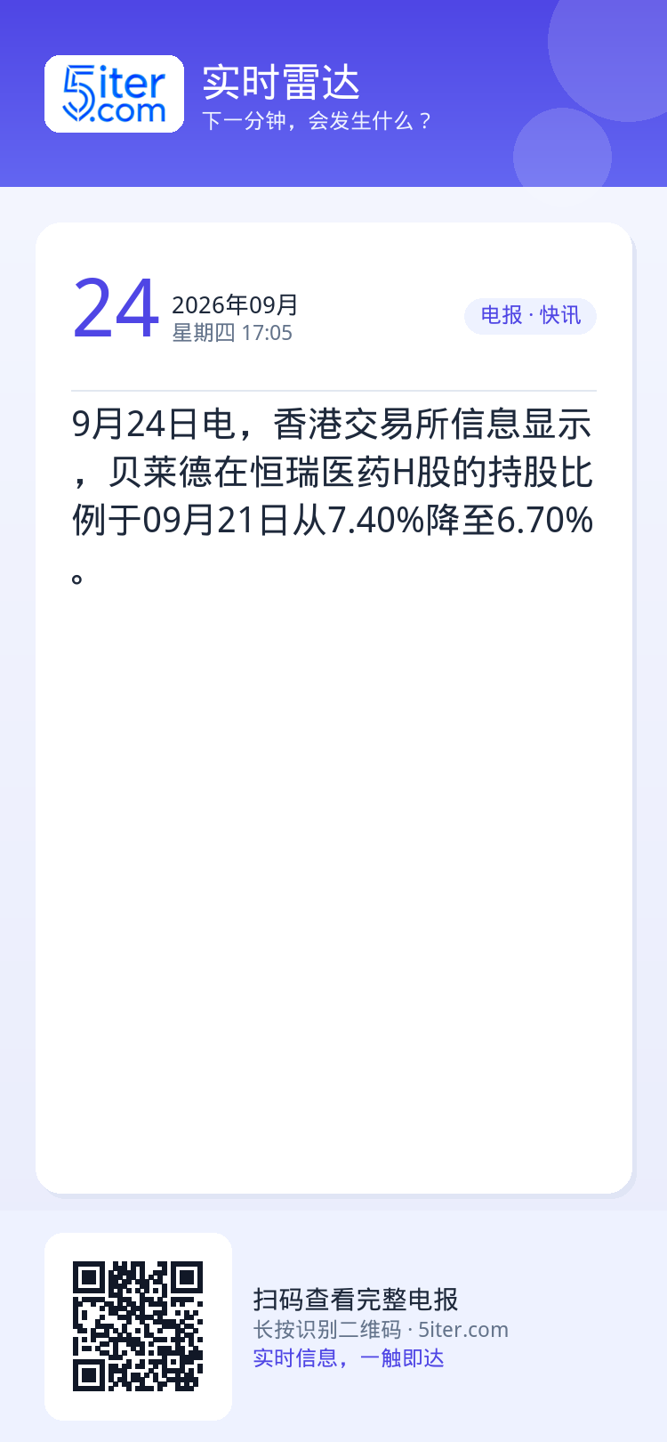 9月24日电，香港交易所信息显示，贝莱德在恒瑞医药H股的持股比例于09月21日从7.40%降至6.70%。