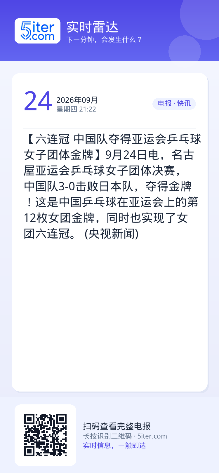 【六连冠 中国队夺得亚运会乒乓球女子团体金牌】9月24日电，名古屋亚运会乒乓球女子团体决赛，中国队3-0击败日本队，夺得