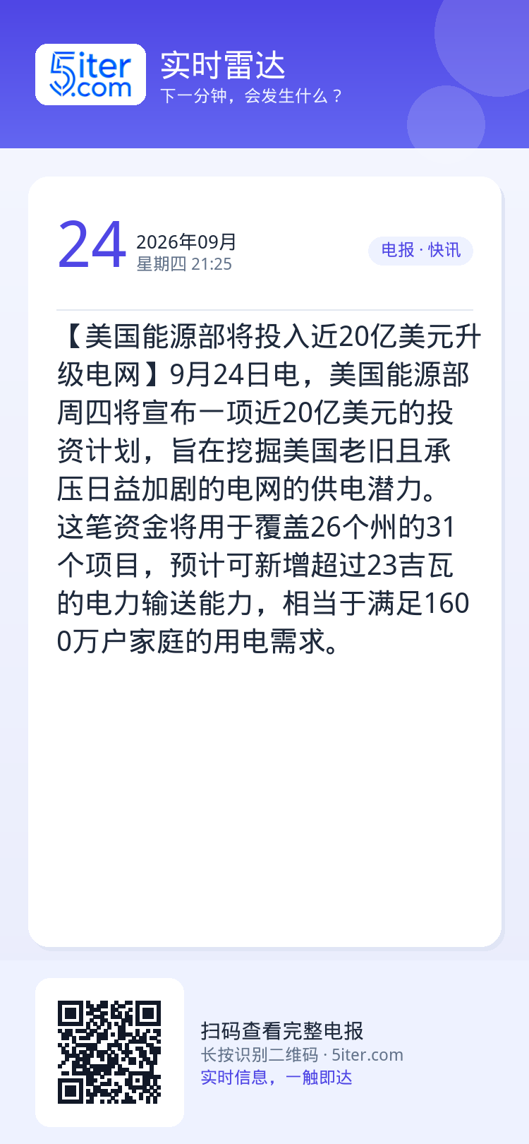【美国能源部将投入近20亿美元升级电网】9月24日电，美国能源部周四将宣布一项近20亿美元的投资计划，旨在挖掘美国老旧且
