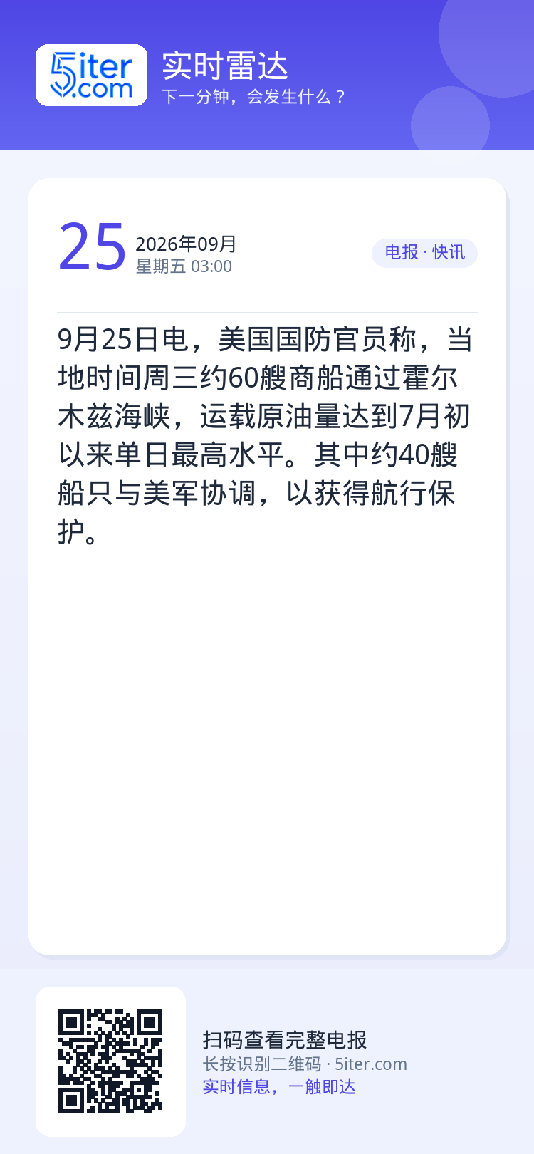 9月25日电，美国国防官员称，当地时间周三约60艘商船通过霍尔木兹海峡，运载原油量达到7月初以来单日最高水平。其中约40