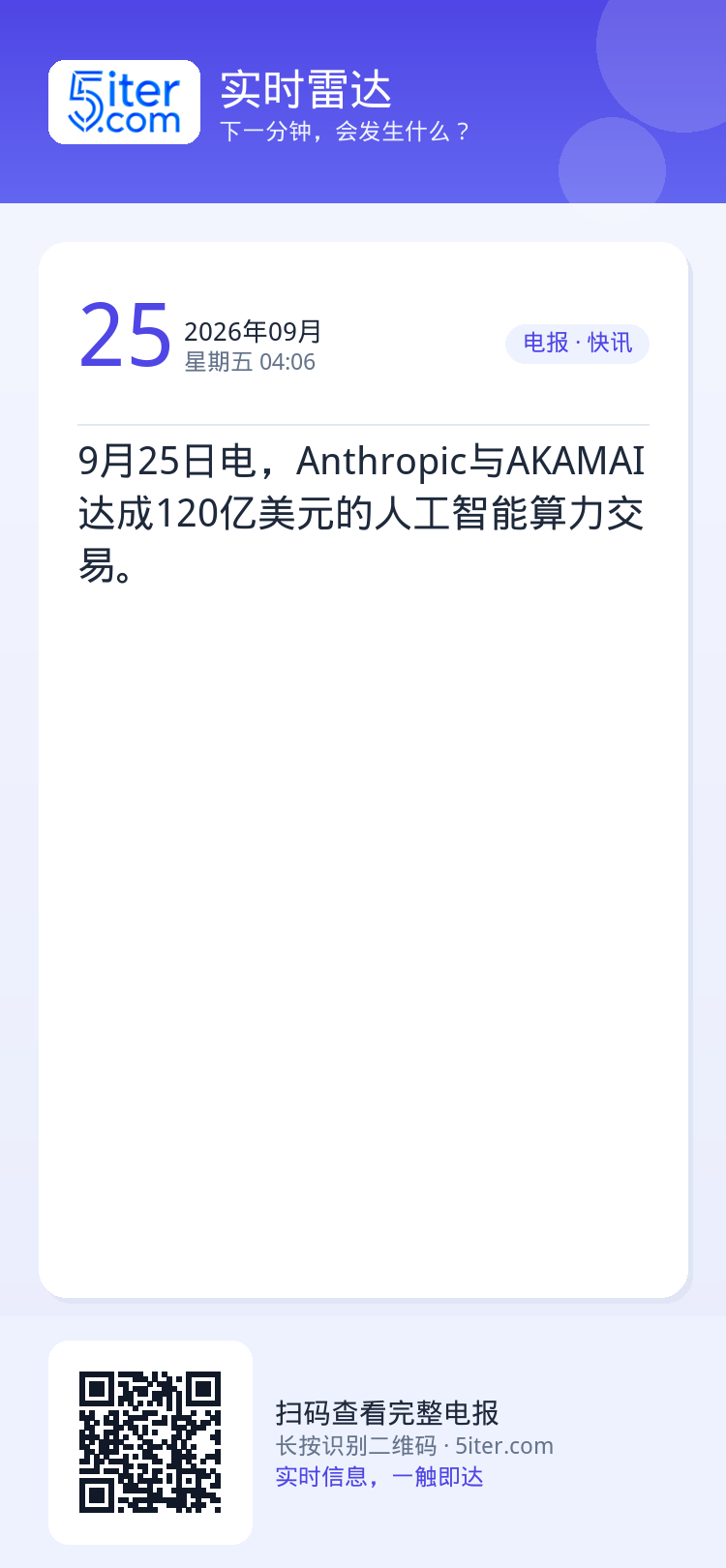 9月25日电，Anthropic与AKAMAI达成120亿美元的人工智能算力交易。