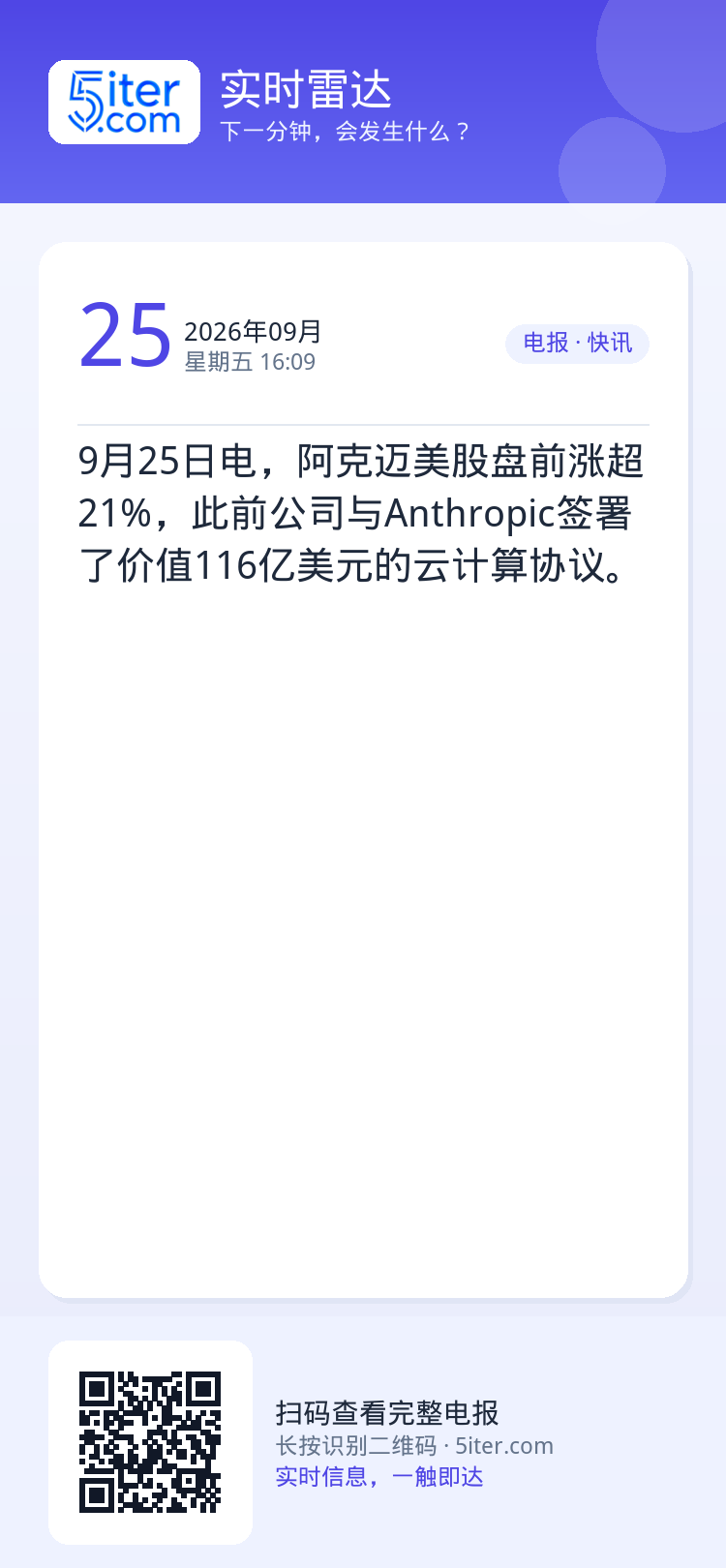 9月25日电，阿克迈美股盘前涨超21%，此前公司与Anthropic签署了价值116亿美元的云计算协议。