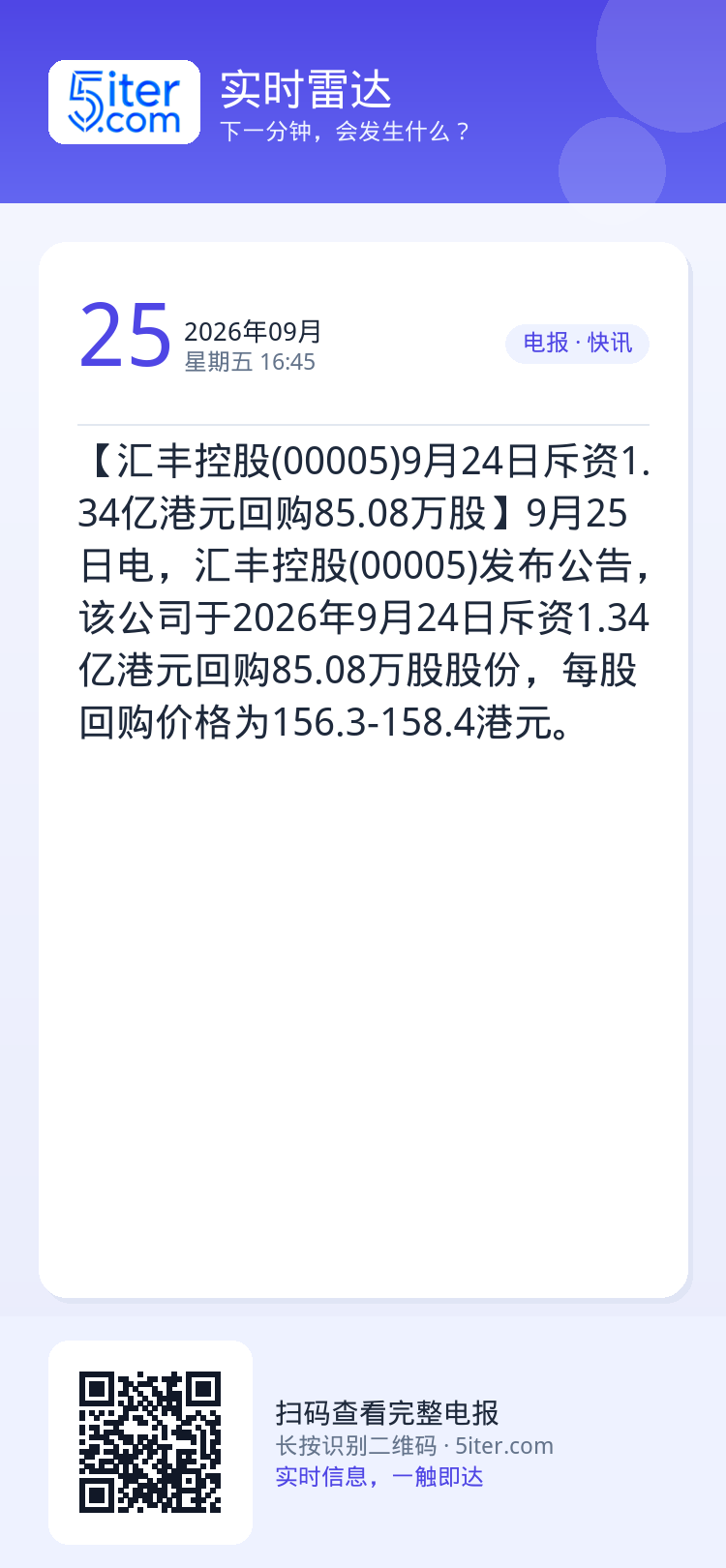 【汇丰控股(00005)9月24日斥资1.34亿港元回购85.08万股】9月25日电，汇丰控股(00005)发布公告，该