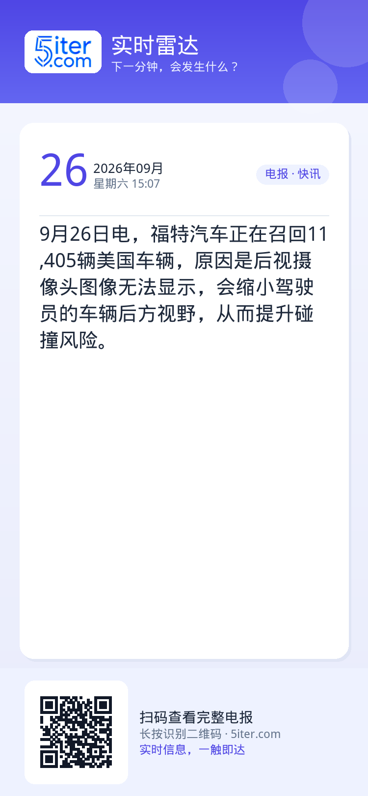 9月26日电，福特汽车正在召回11,405辆美国车辆，原因是后视摄像头图像无法显示，会缩小驾驶员的车辆后方视野，从而提升