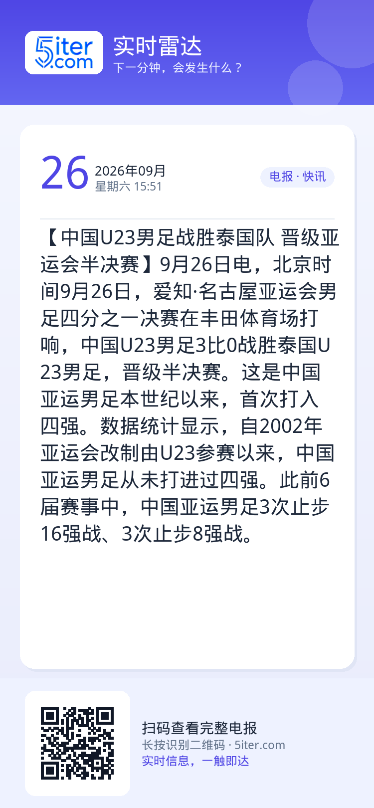 【中国U23男足战胜泰国队 晋级亚运会半决赛】9月26日电，北京时间9月26日，爱知·名古屋亚运会男足四分之一决赛在丰田