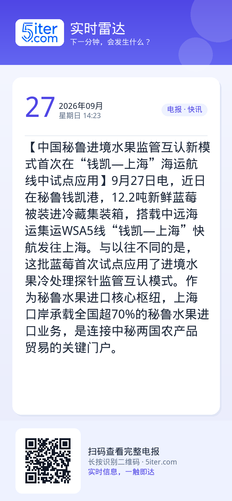 【中国秘鲁进境水果监管互认新模式首次在“钱凯—上海”海运航线中试点应用】9月27日电，近日在秘鲁钱凯港，12.2吨新鲜蓝