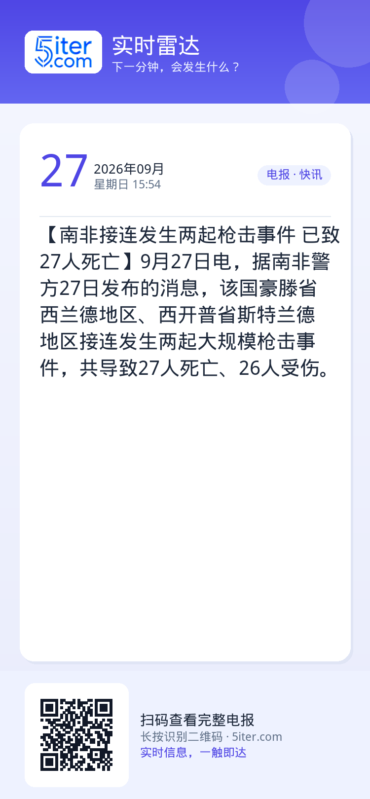 【南非接连发生两起枪击事件 已致27人死亡】9月27日电，据南非警方27日发布的消息，该国豪滕省西兰德地区、西开普省斯特