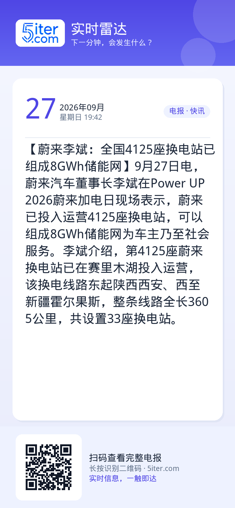 【蔚来李斌：全国4125座换电站已组成8GWh储能网】9月27日电，蔚来汽车董事长李斌在Power UP 2026蔚来加