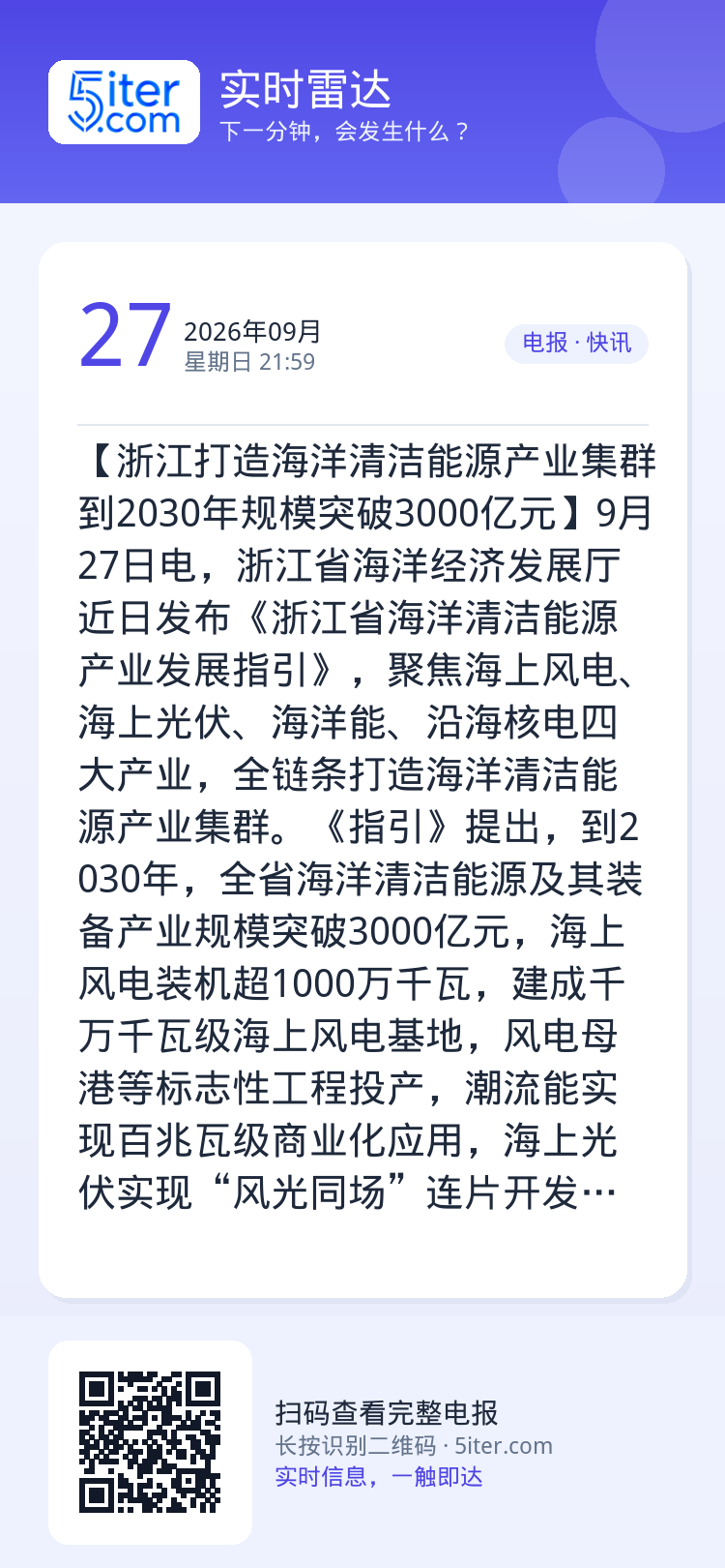 【浙江打造海洋清洁能源产业集群 到2030年规模突破3000亿元】9月27日电，浙江省海洋经济发展厅近日发布《浙江省海洋