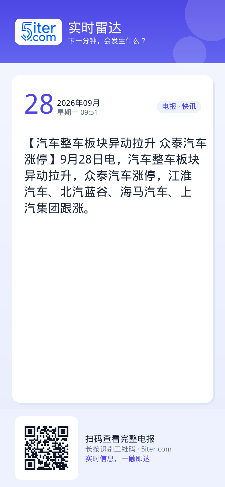 【汽车整车板块异动拉升 众泰汽车涨停】9月28日电，汽车整车板块异动拉升，众泰汽车涨停，江淮汽车、北汽蓝谷、海马汽车、上