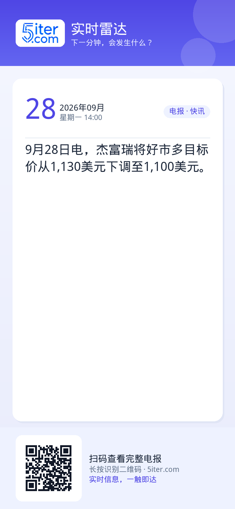 9月28日电，杰富瑞将好市多目标价从1,130美元下调至1,100美元。