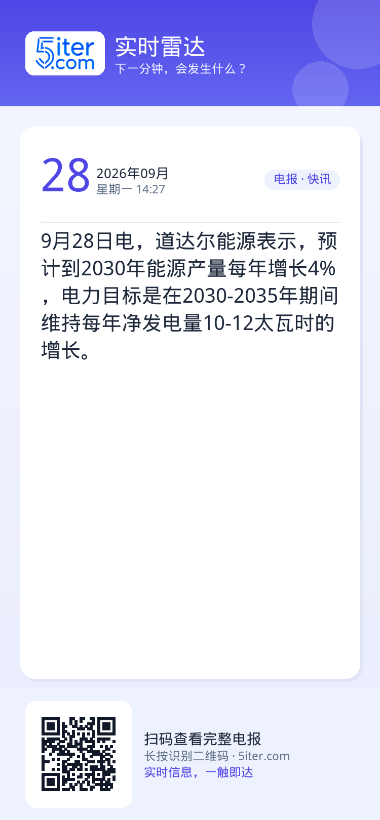 9月28日电，道达尔能源表示，预计到2030年能源产量每年增长4%，电力目标是在2030-2035年期间维持每年净发电量