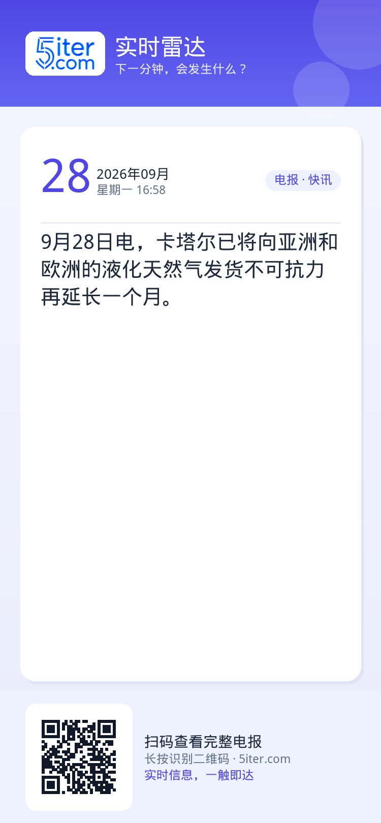 9月28日电，卡塔尔已将向亚洲和欧洲的液化天然气发货不可抗力再延长一个月。