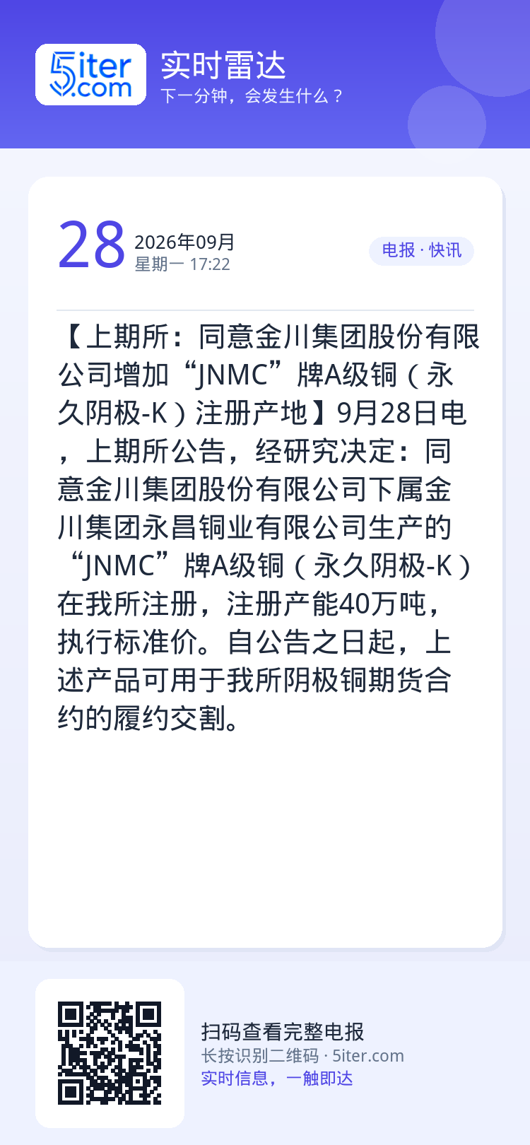 【上期所：同意金川集团股份有限公司增加“JNMC”牌A级铜（永久阴极-K）注册产地】9月28日电，上期所公告，经研究决定