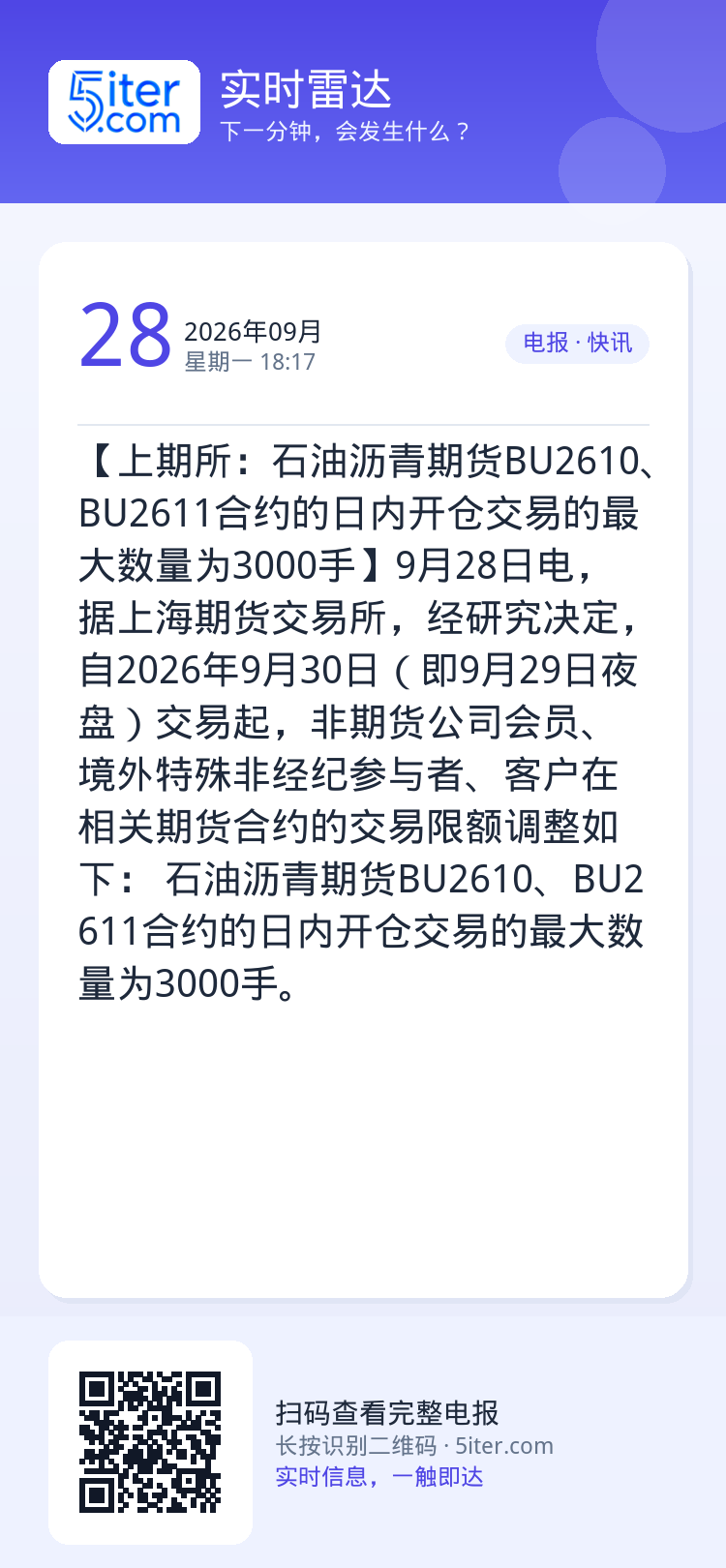 【上期所：石油沥青期货BU2610、BU2611合约的日内开仓交易的最大数量为3000手】9月28日电，据上海期货交易所