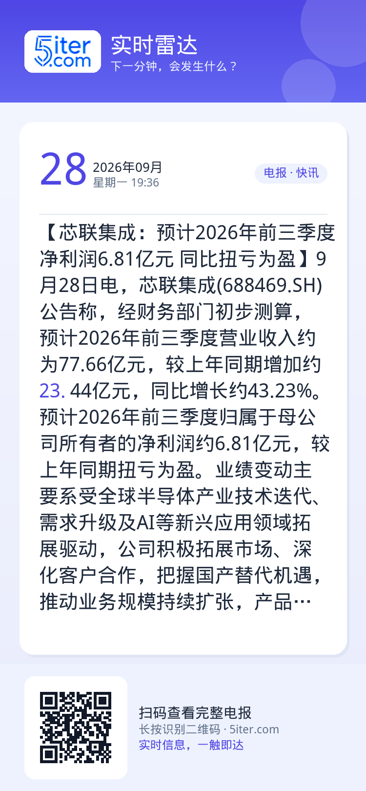 【芯联集成：预计2026年前三季度净利润6.81亿元 同比扭亏为盈】9月28日电，芯联集成(688469.SH)公告称，