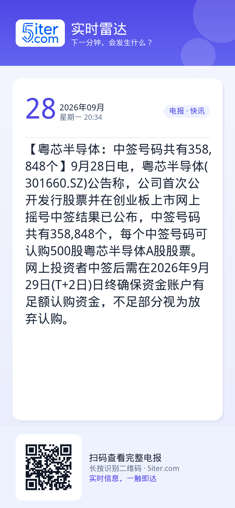 【粤芯半导体：中签号码共有358,848个】9月28日电，粤芯半导体(301660.SZ)公告称，公司首次公开发行股票并