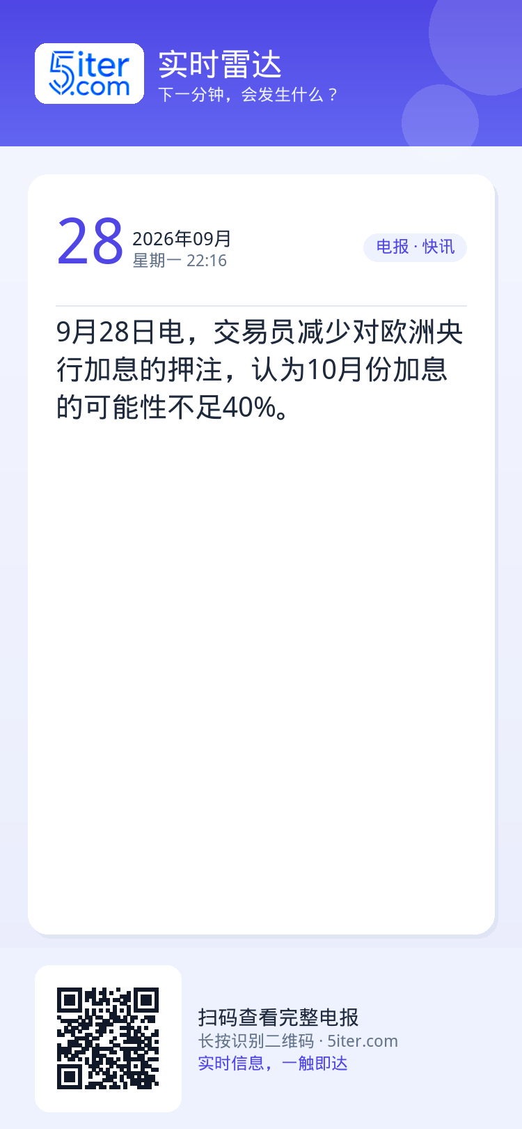 9月28日电，交易员减少对欧洲央行加息的押注，认为10月份加息的可能性不足40%。