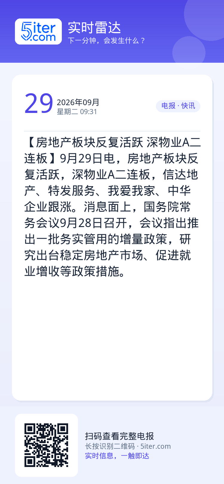 【房地产板块反复活跃 深物业A二连板】9月29日电，房地产板块反复活跃，深物业A二连板，信达地产、特发服务、我爱我家、中