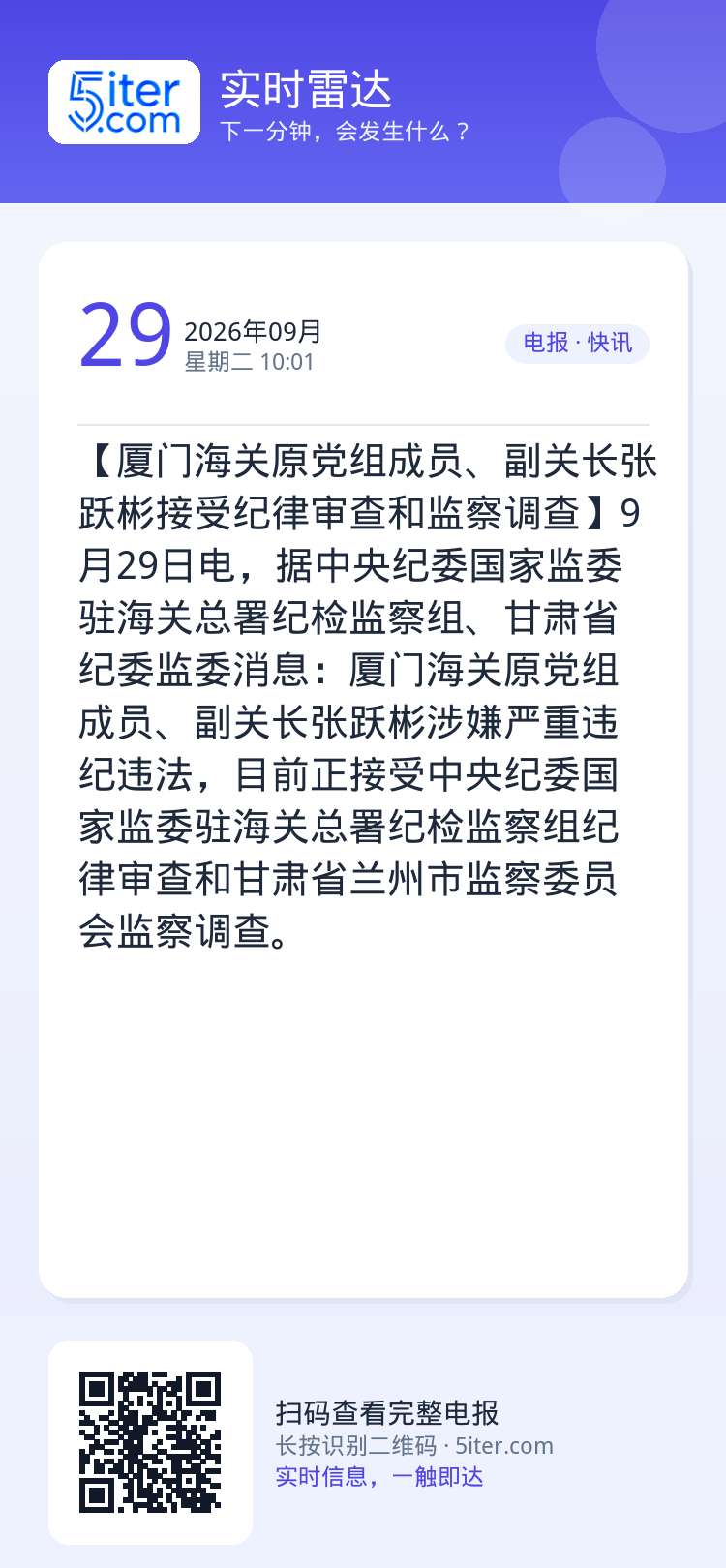 【厦门海关原党组成员、副关长张跃彬接受纪律审查和监察调查】9月29日电，据中央纪委国家监委驻海关总署纪检监察组、甘肃省纪