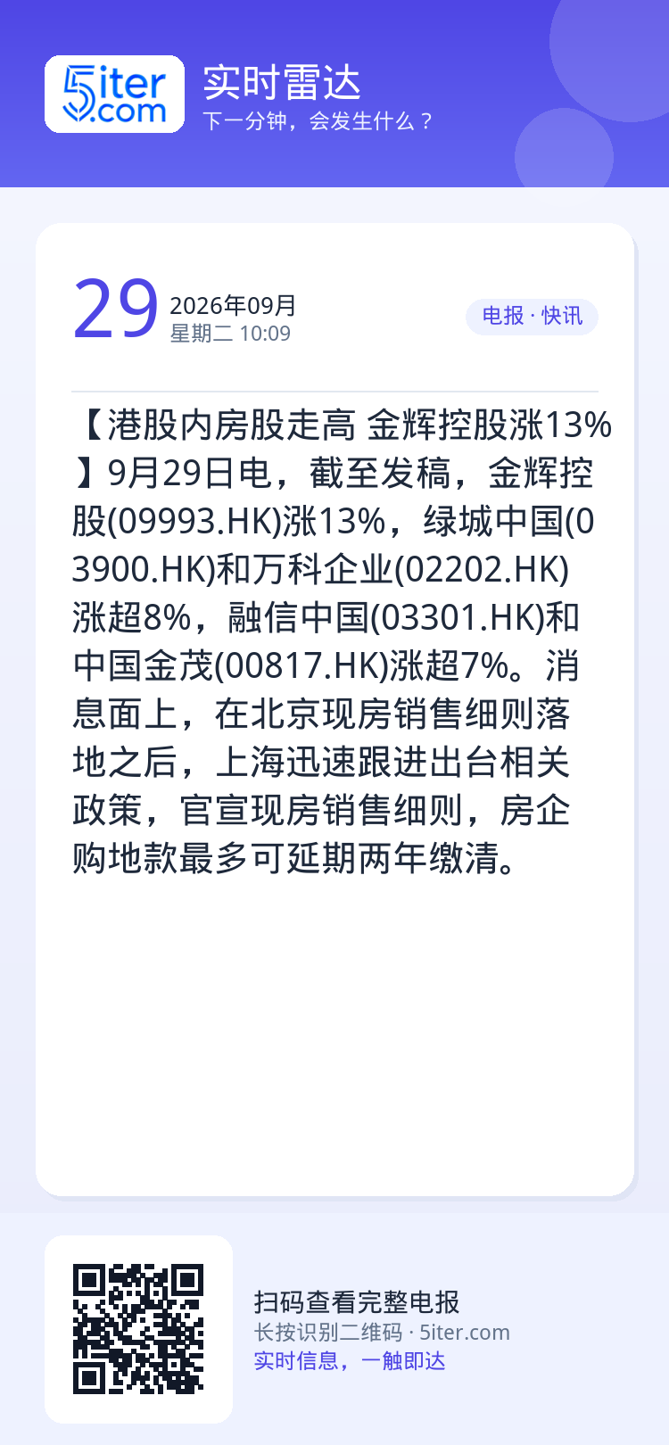 【港股内房股走高 金辉控股涨13%】9月29日电，截至发稿，金辉控股(09993.HK)涨13%，绿城中国(03900.