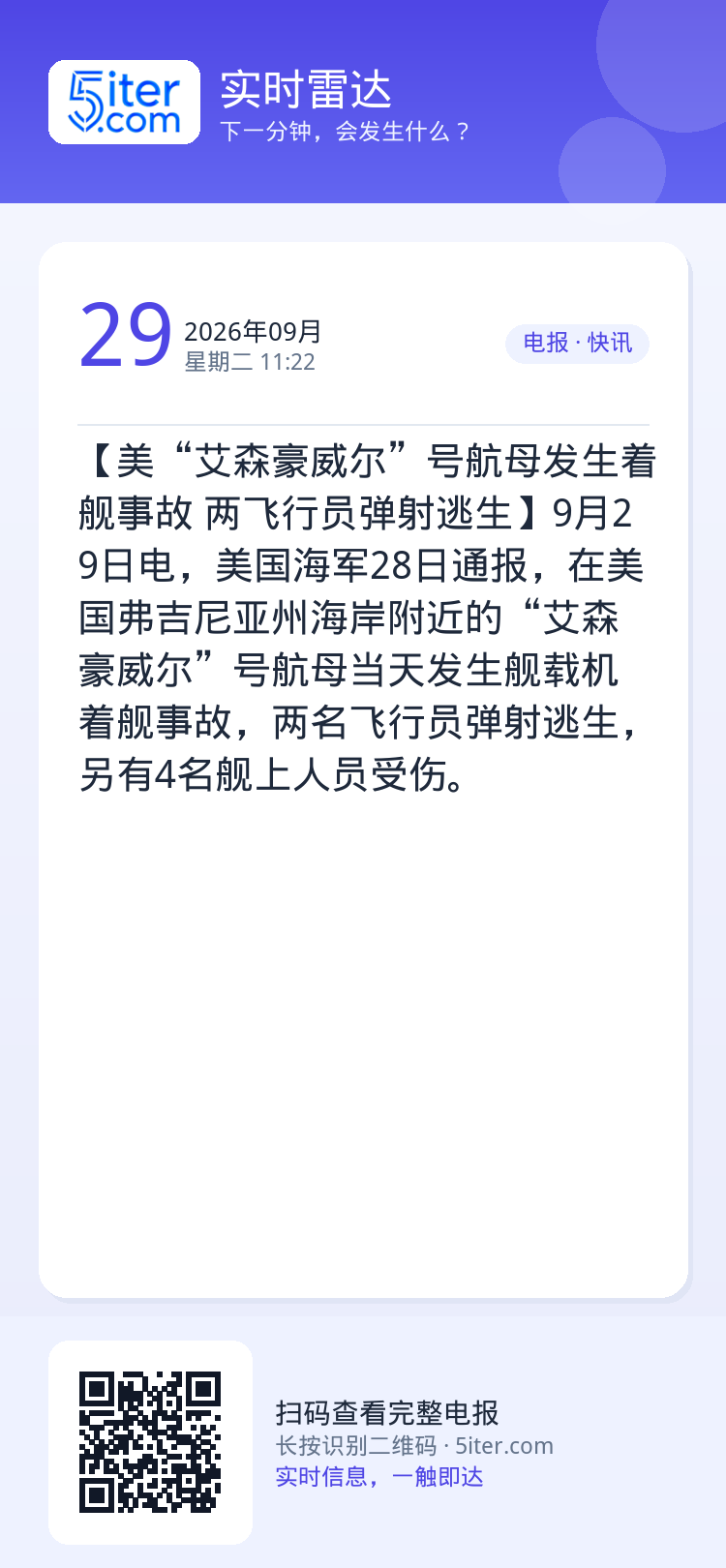 【美“艾森豪威尔”号航母发生着舰事故 两飞行员弹射逃生】9月29日电，美国海军28日通报，在美国弗吉尼亚州海岸附近的“艾