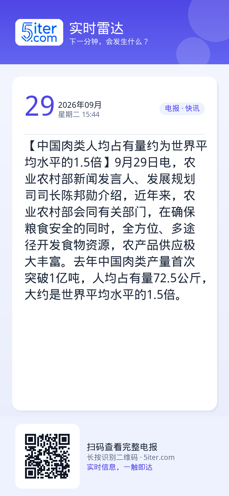 【中国肉类人均占有量约为世界平均水平的1.5倍】9月29日电，农业农村部新闻发言人、发展规划司司长陈邦勋介绍，近年来，农