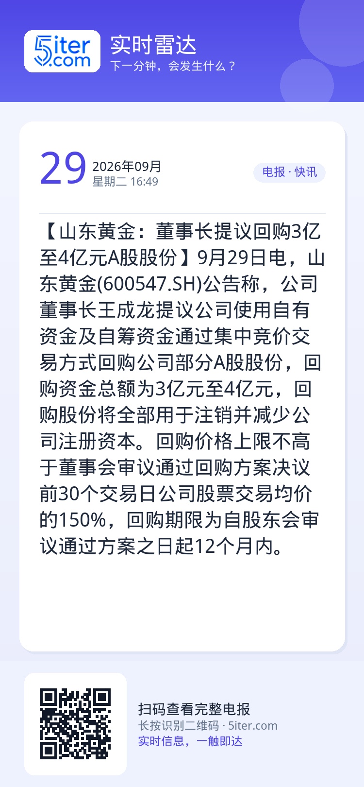 【山东黄金：董事长提议回购3亿至4亿元A股股份】9月29日电，山东黄金(600547.SH)公告称，公司董事长王成龙提议