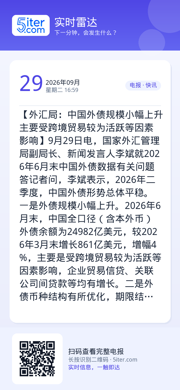 【外汇局：中国外债规模小幅上升 主要受跨境贸易较为活跃等因素影响】9月29日电，国家外汇管理局副局长、新闻发言人李斌就2