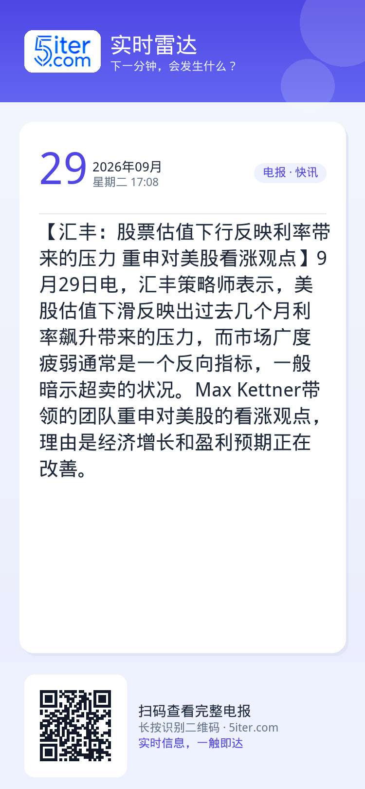 【汇丰：股票估值下行反映利率带来的压力 重申对美股看涨观点】9月29日电，汇丰策略师表示，美股估值下滑反映出过去几个月利