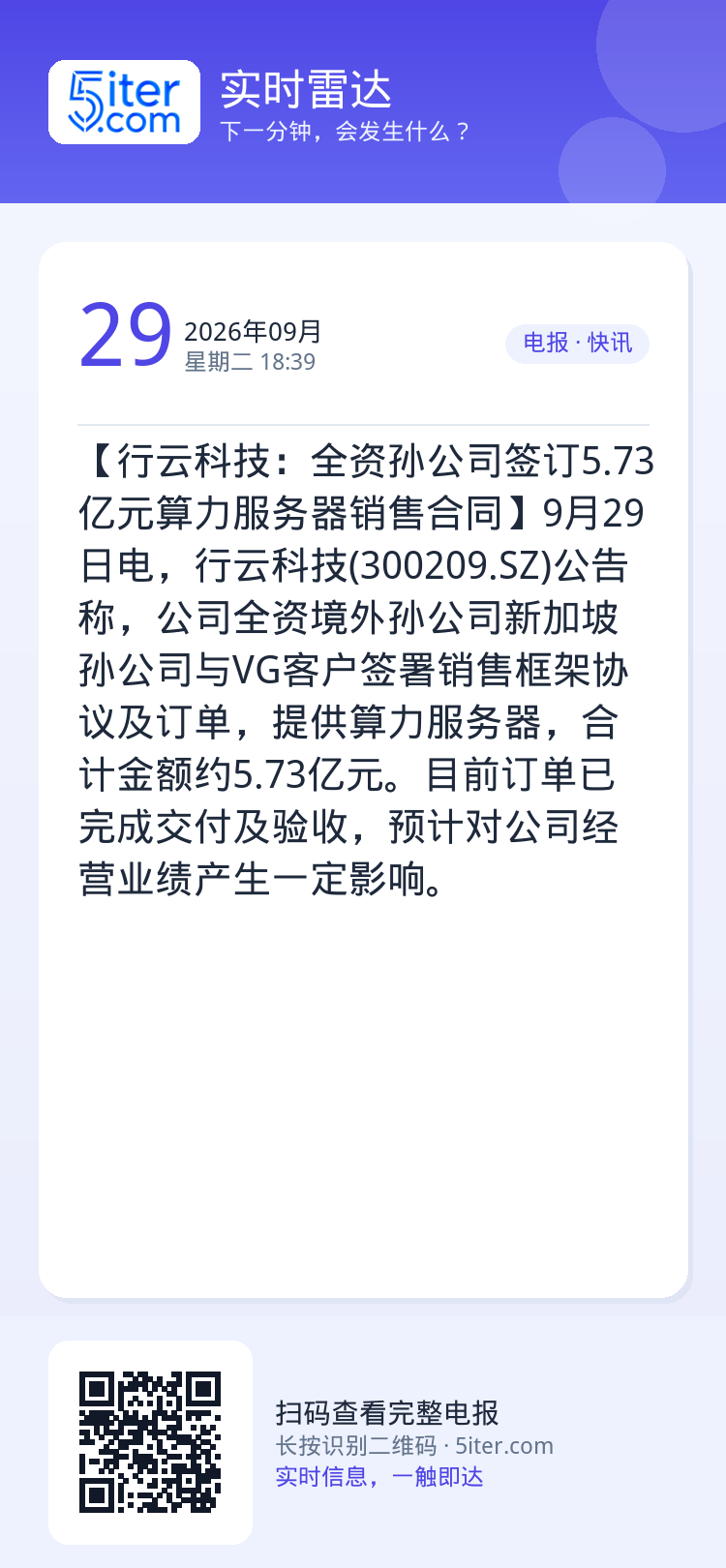 【行云科技：全资孙公司签订5.73亿元算力服务器销售合同】9月29日电，行云科技(300209.SZ)公告称，公司全资境