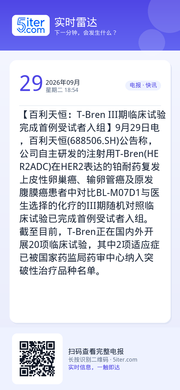 【百利天恒：T-Bren III期临床试验完成首例受试者入组】9月29日电，百利天恒(688506.SH)公告称，公司自