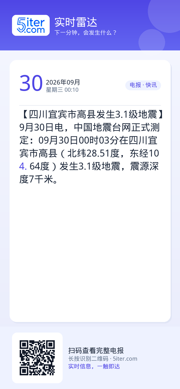 【四川宜宾市高县发生3.1级地震】9月30日电，中国地震台网正式测定：09月30日00时03分在四川宜宾市高县（北纬28