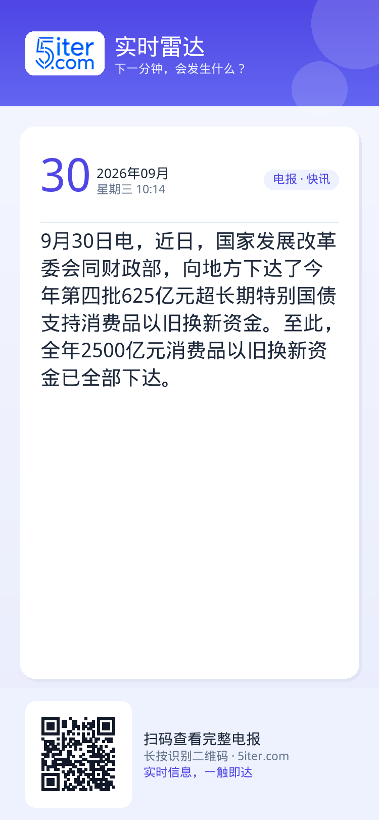 9月30日电，近日，国家发展改革委会同财政部，向地方下达了今年第四批625亿元超长期特别国债支持消费品以旧换新资金。至此