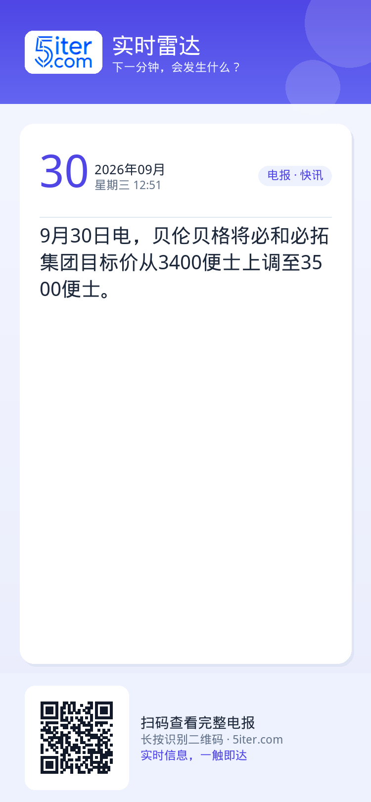 9月30日电，贝伦贝格将必和必拓集团目标价从3400便士上调至3500便士。