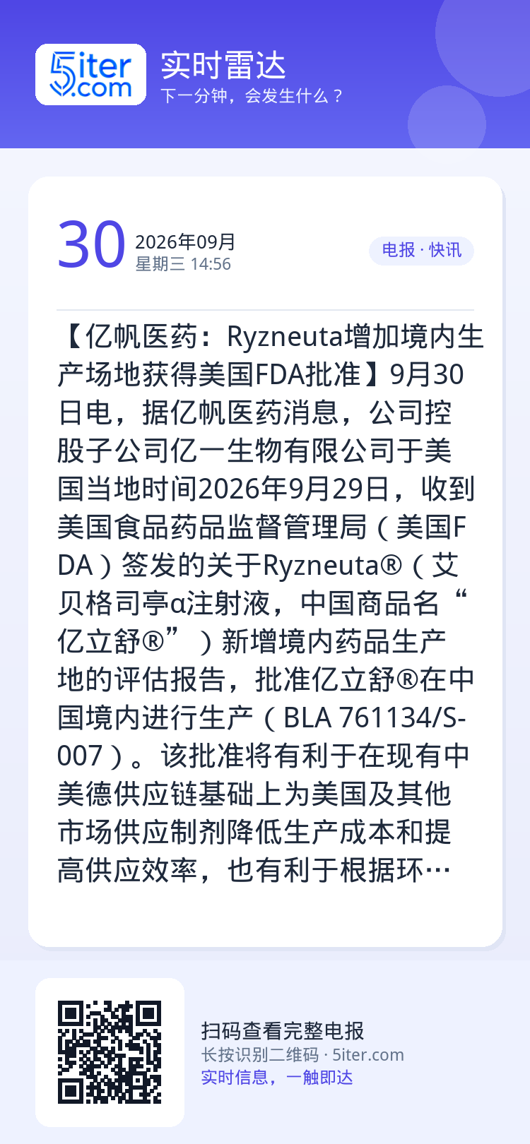 【亿帆医药：Ryzneuta增加境内生产场地获得美国FDA批准】9月30日电，据亿帆医药消息，公司控股子公司亿一生物有限