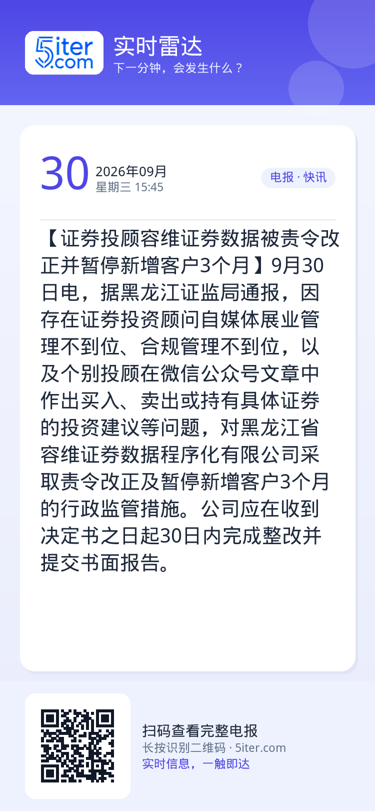 【证券投顾容维证券数据被责令改正并暂停新增客户3个月】9月30日电，据黑龙江证监局通报，因存在证券投资顾问自媒体展业管理