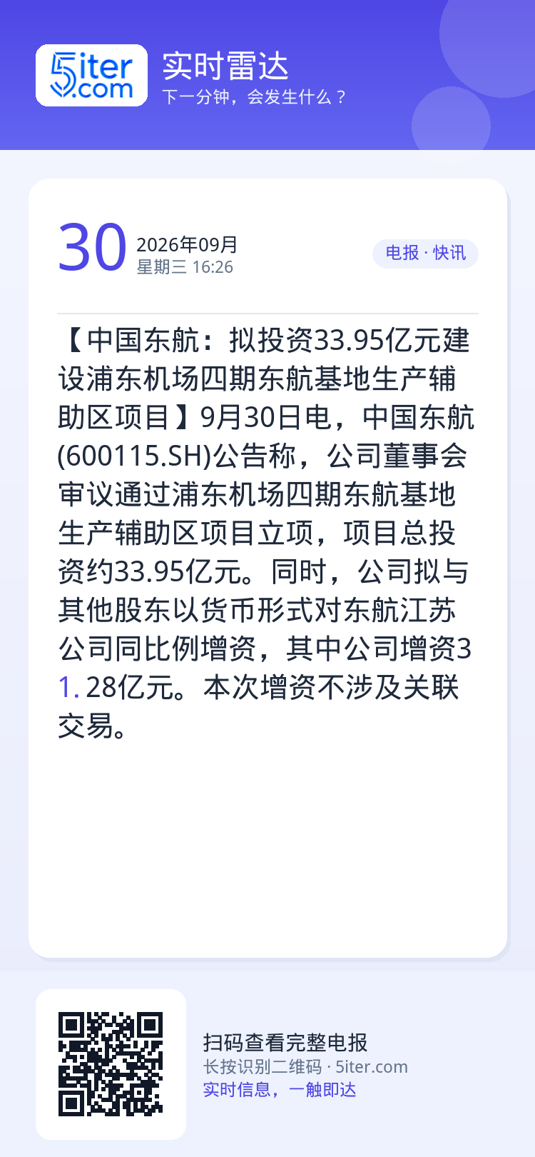 【中国东航：拟投资33.95亿元建设浦东机场四期东航基地生产辅助区项目】9月30日电，中国东航(600115.SH)公告