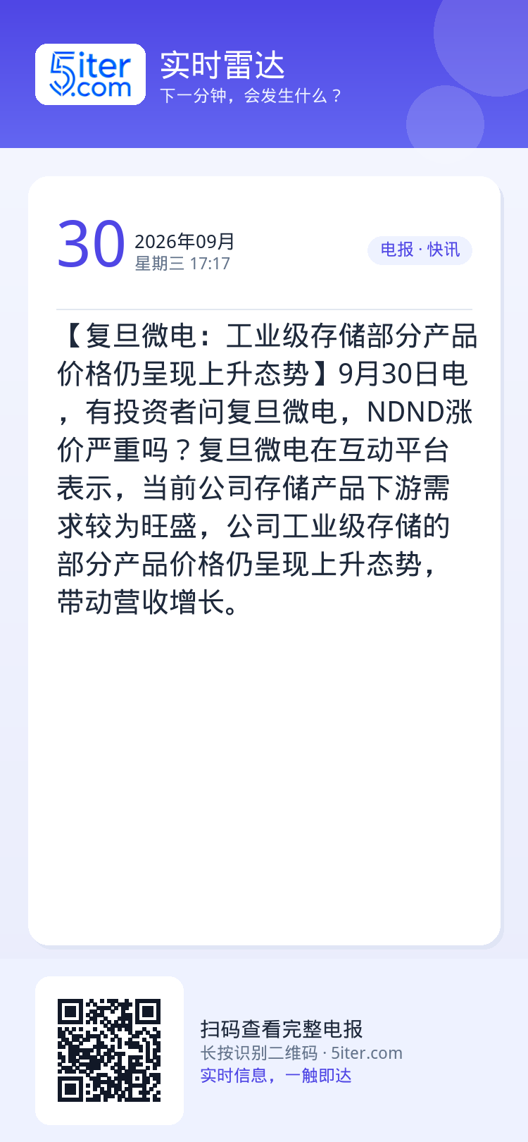 【复旦微电：工业级存储部分产品价格仍呈现上升态势】9月30日电，有投资者问复旦微电，NDND涨价严重吗？复旦微电在互动平
