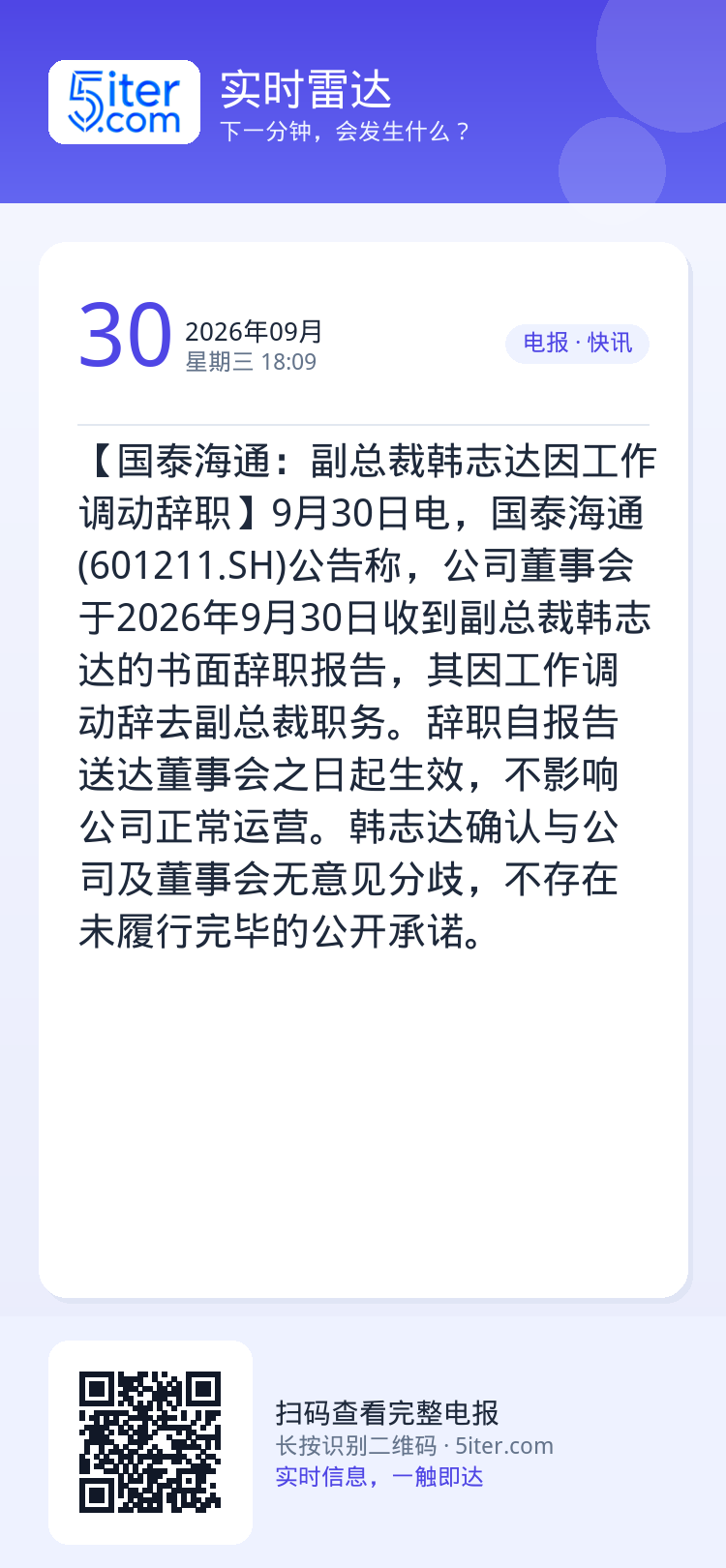 【国泰海通：副总裁韩志达因工作调动辞职】9月30日电，国泰海通(601211.SH)公告称，公司董事会于2026年9月3