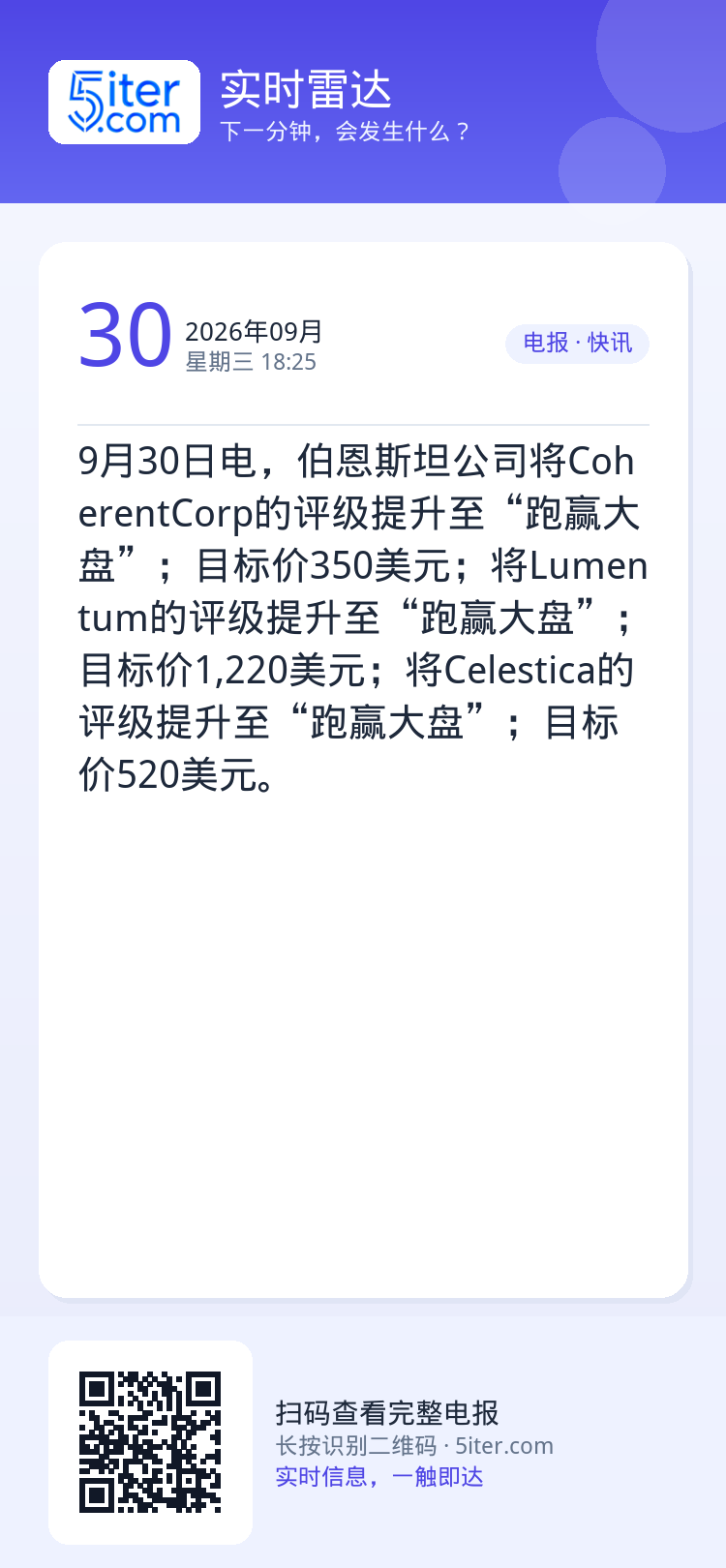 9月30日电，伯恩斯坦公司将CoherentCorp的评级提升至“跑赢大盘”；目标价350美元；将Lumentum的评级