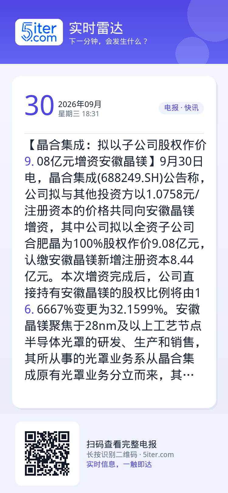【晶合集成：拟以子公司股权作价9.08亿元增资安徽晶镁】9月30日电，晶合集成(688249.SH)公告称，公司拟与其他
