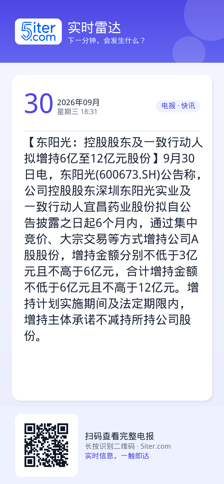 【东阳光：控股股东及一致行动人拟增持6亿至12亿元股份】9月30日电，东阳光(600673.SH)公告称，公司控股股东深