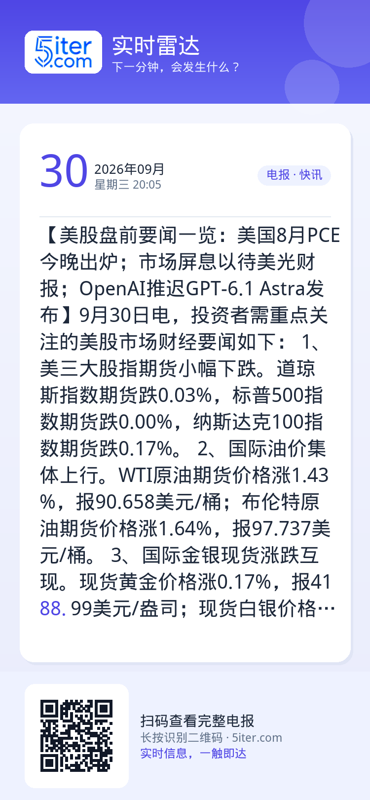 【美股盘前要闻一览：美国8月PCE今晚出炉；市场屏息以待美光财报；OpenAI推迟GPT-6.1 Astra发布】9月3