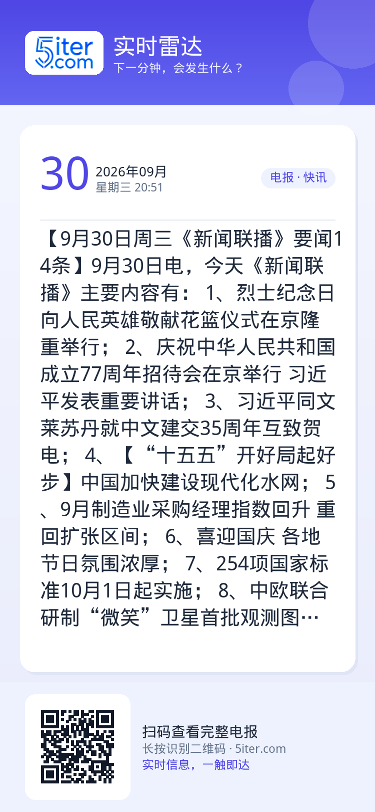 【9月30日周三《新闻联播》要闻14条】9月30日电，今天《新闻联播》主要内容有：
1、烈士纪念日向人民英雄敬献花篮仪式