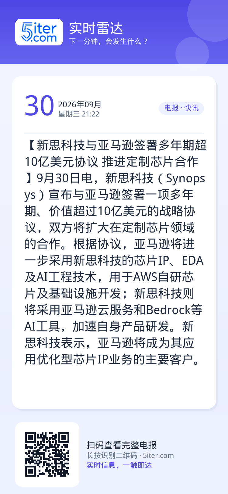 【新思科技与亚马逊签署多年期超10亿美元协议 推进定制芯片合作】9月30日电，新思科技（Synopsys）宣布与亚马逊签