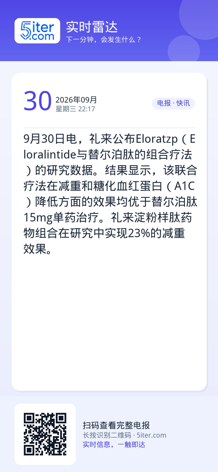 9月30日电，礼来公布Eloratzp（Eloralintide与替尔泊肽的组合疗法）的研究数据。结果显示，该联合疗法在